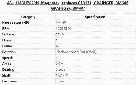 481, HA3H7029N, Magnetek, 1/4Hp, 1050 Rpm, 115 Volt, Frame:42, - Electrical Motors - E-Motor Nations - electric motors - [product_tags]- motor electric - moteur électrique - moteurs - drive - replacement - venmar - hvac - méchoui - capacitor - condensateur - fan