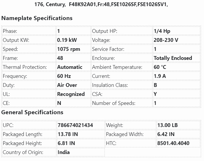 176,Century,1/4Hp,1075 rpm, 230V,1Ph, F48K92A01,Fr:48,FSE1026SF,FSE1026SV1, - HVAC ELECTRIC MOTOR - E-Motor Nations - electric motors - [product_tags]- motor electric - moteur électrique - moteurs - drive - replacement - venmar - hvac - méchoui - capacitor - condensateur - fan