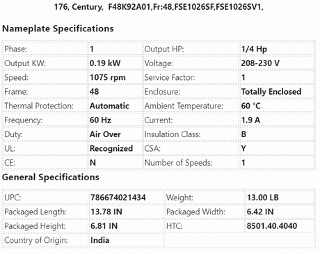 176,Century,1/4Hp,1075 rpm, 230V,1Ph, F48K92A01,Fr:48,FSE1026SF,FSE1026SV1, - HVAC ELECTRIC MOTOR - E-Motor Nations - electric motors - [product_tags]- motor electric - moteur électrique - moteurs - drive - replacement - venmar - hvac - méchoui - capacitor - condensateur - fan
