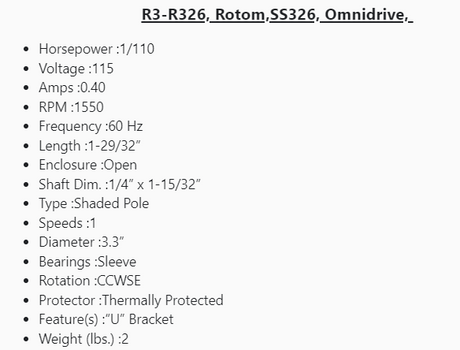 R3-R326, Rotom,SS326,1/10Hp,1550 Rpm,115 Volts, 0.40A,CCWSE,Open,60Hz, - HVAC ELECTRIC MOTOR - E-Motor Nations - electric motors - [product_tags]- motor electric - moteur électrique - moteurs - drive - replacement - venmar - hvac - méchoui - capacitor - condensateur - fan