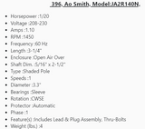 396, Ao Smith,1/20Hp,1450 Rpm,208-230V,60Hz,Shaft Dim. : 5/16,ODP,JA2R140N - HVAC ELECTRIC MOTOR - E-Motor Nations - electric motors - [product_tags]- motor electric - moteur électrique - moteurs - drive - replacement - venmar - hvac - méchoui - capacitor - condensateur - fan