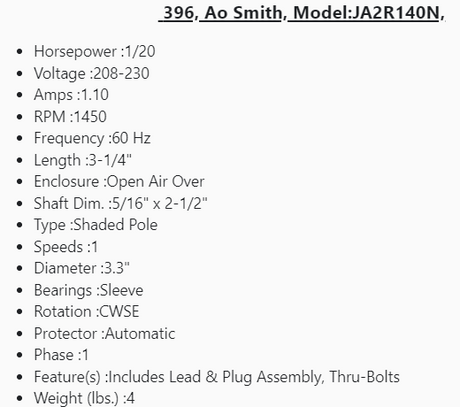 396, Ao Smith,1/20Hp,1450 Rpm,208-230V,60Hz,Shaft Dim. : 5/16,ODP,JA2R140N - HVAC ELECTRIC MOTOR - E-Motor Nations - electric motors - [product_tags]- motor electric - moteur électrique - moteurs - drive - replacement - venmar - hvac - méchoui - capacitor - condensateur - fan