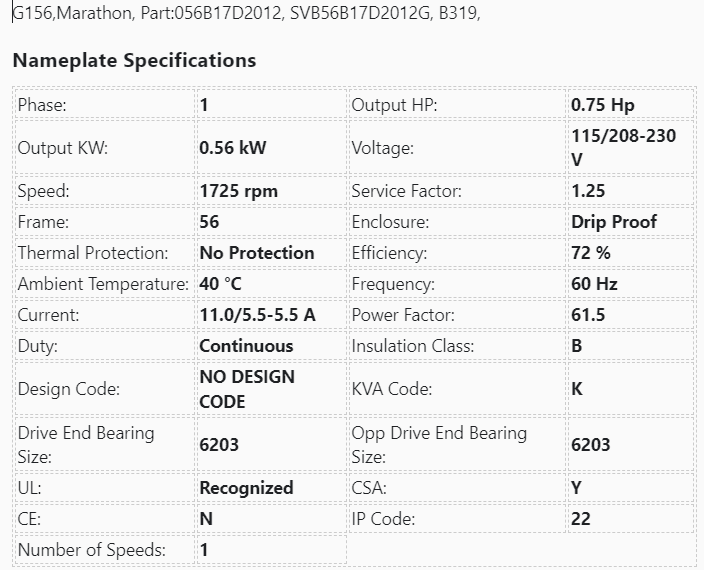 G156 ,MARATHON, 3/4Hp,1725 Rpm, 115/230Volts,Frame:56,ODP,056B17D2012, - HVAC ELECTRIC MOTOR - E-Motor Nations - electric motors - [product_tags]- motor electric - moteur électrique - moteurs - drive - replacement - venmar - hvac - méchoui - capacitor - condensateur - fan