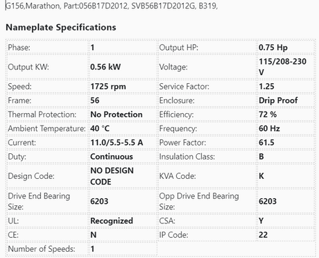 G156 ,MARATHON, 3/4Hp,1725 Rpm, 115/230Volts,Frame:56,ODP,056B17D2012, - HVAC ELECTRIC MOTOR - E-Motor Nations - electric motors - [product_tags]- motor electric - moteur électrique - moteurs - drive - replacement - venmar - hvac - méchoui - capacitor - condensateur - fan