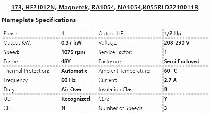 173, HE2J012N, Magnetek, 1/2Hp, 1625 Rpm, 208-230 Volts, Semi Enclosed, - Electrical Motors - E-Motor Nations - electric motors - [product_tags]- motor electric - moteur électrique - moteurs - drive - replacement - venmar - hvac - méchoui - capacitor - condensateur - fan