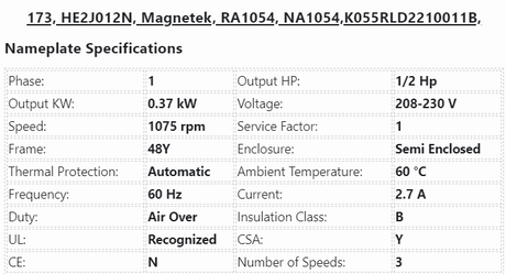 173, HE2J012N, Magnetek, 1/2Hp, 1625 Rpm, 208-230 Volts, Semi Enclosed, - Electrical Motors - E-Motor Nations - electric motors - [product_tags]- motor electric - moteur électrique - moteurs - drive - replacement - venmar - hvac - méchoui - capacitor - condensateur - fan