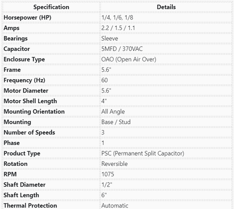 133, Ao Smith, 1/4-1/6-1/8Hp, 1075 Rpm, Phase 1, 208/230 Volts, OAO - Electrical Motors - E-Motor Nations - electric motors - [product_tags]- motor electric - moteur électrique - moteurs - drive - replacement - venmar - hvac - méchoui - capacitor - condensateur - fan
