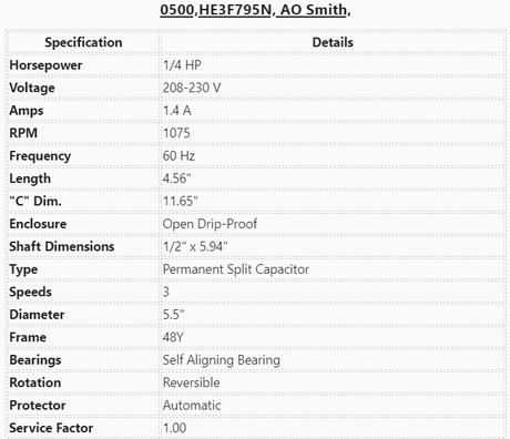 0500,HE3F795N, AO Smith, 1/4Hp, 1 Phase, 1075 Rpm, 208/230 Volts, ODP, - Electrical Motors - E-Motor Nations - electric motors - [product_tags]- motor electric - moteur électrique - moteurs - drive - replacement - venmar - hvac - méchoui - capacitor - condensateur - fan