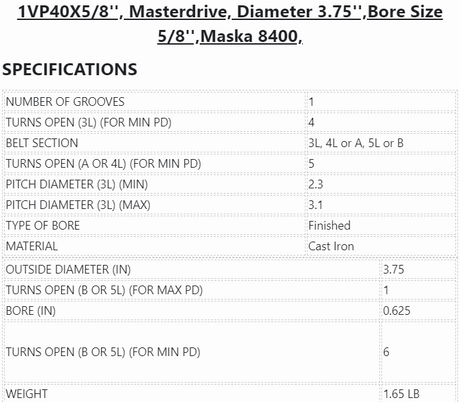 1VP40-5/8,Masterdrive,Dia 3.75'',Bore 5/8'',Variable Pitch Adjustable, -  - E-Motor Nations - electric motors - [product_tags]- motor electric - moteur électrique - moteurs - drive - replacement - venmar - hvac - méchoui - capacitor - condensateur - fan