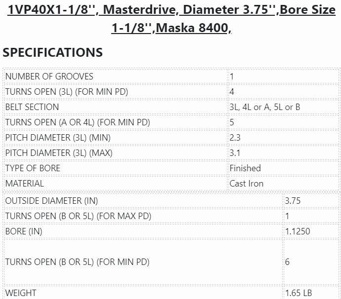 1VP40-1-1/8'',Masterdrive,Dia 3.75'',Bore 1-1/8'',Variable Pitch Adjustable, -  - E-Motor Nations - electric motors - [product_tags]- motor electric - moteur électrique - moteurs - drive - replacement - venmar - hvac - méchoui - capacitor - condensateur - fan