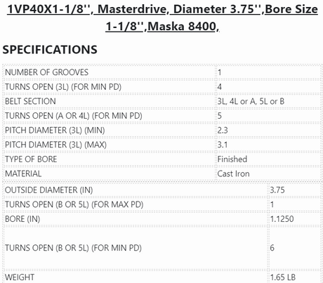 1VP40-1-1/8'',Masterdrive,Dia 3.75'',Bore 1-1/8'',Variable Pitch Adjustable, -  - E-Motor Nations - electric motors - [product_tags]- motor electric - moteur électrique - moteurs - drive - replacement - venmar - hvac - méchoui - capacitor - condensateur - fan