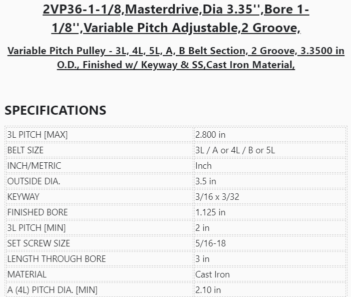 2VP36-1-1/8'',Masterdrive,Dia 3.35'',Bore 1-1/8'',Variable Pitch Adjustable,2 Grooves, - PULLEY - E-Motor Nations - electric motors - [product_tags]- motor electric - moteur électrique - moteurs - drive - replacement - venmar - hvac - méchoui - capacitor - condensateur - fan