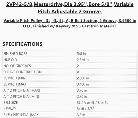 2VP42-5/8'',Masterdrive,Dia 3.95'',Bore 5/8'',Variable Pitch Adjustable,2 Grooves, - PULLEY - E-Motor Nations - electric motors - [product_tags]- motor electric - moteur électrique - moteurs - drive - replacement - venmar - hvac - méchoui - capacitor - condensateur - fan