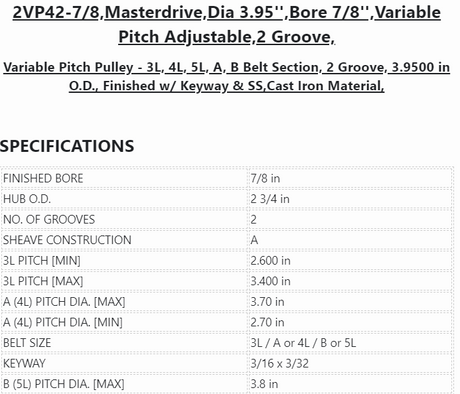 2VP42-7/8'',Masterdrive ,Dia 3.95'',Bore 7/8'',Variable Pitch Adjustable ,2 Grooves - PULLEY - E-Motor Nations - electric motors - [product_tags]- motor electric - moteur électrique - moteurs - drive - replacement - venmar - hvac - méchoui - capacitor - condensateur - fan