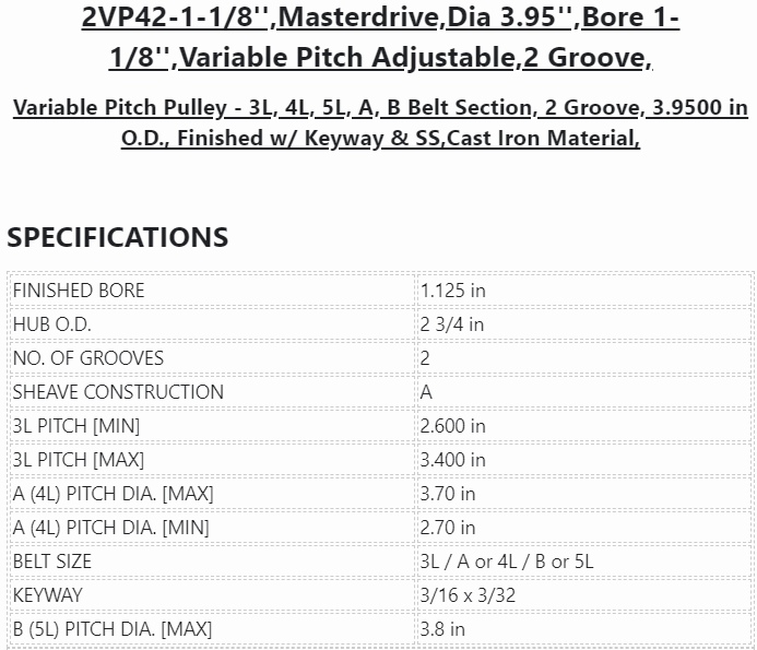 2VP42-1-1/8'',Masterdrive,Dia 3.95'',Bore 1-1/8'',Variable Pitch Adjustable,2 Grooves, - PULLEY - E-Motor Nations - electric motors - [product_tags]- motor electric - moteur électrique - moteurs - drive - replacement - venmar - hvac - méchoui - capacitor - condensateur - fan