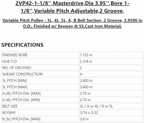 2VP42-1-1/8'',Masterdrive,Dia 3.95'',Bore 1-1/8'',Variable Pitch Adjustable,2 Grooves, - PULLEY - E-Motor Nations - electric motors - [product_tags]- motor electric - moteur électrique - moteurs - drive - replacement - venmar - hvac - méchoui - capacitor - condensateur - fan