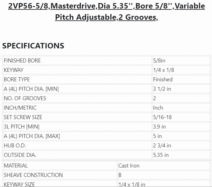 2VP56-5/8 ,Masterdrive ,Dia 5.35'' ,Bore 5/8" ,Variable Pitch Adjustable ,2 Grooves - PULLEY - E-Motor Nations - electric motors - [product_tags]- motor electric - moteur électrique - moteurs - drive - replacement - venmar - hvac - méchoui - capacitor - condensateur - fan