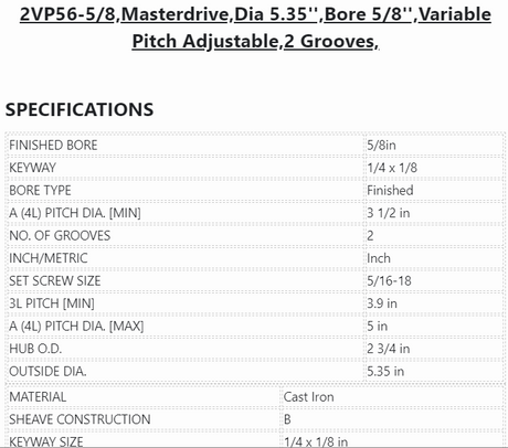 2VP56-5/8 ,Masterdrive ,Dia 5.35'' ,Bore 5/8" ,Variable Pitch Adjustable ,2 Grooves - PULLEY - E-Motor Nations - electric motors - [product_tags]- motor electric - moteur électrique - moteurs - drive - replacement - venmar - hvac - méchoui - capacitor - condensateur - fan