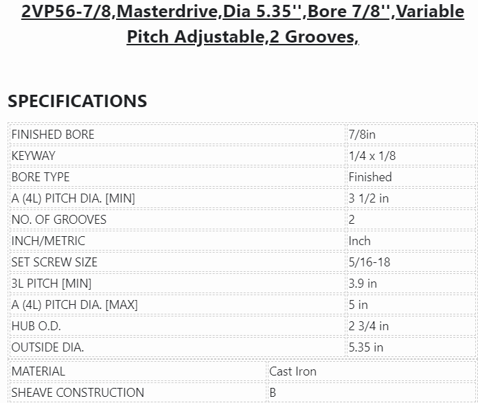 2VP56-7/8 ,Masterdrive ,Dia 5.35'' ,Bore 7/8'' ,Variable Pitch Adjustable ,2 Grooves734690193246 - PULLEY - E-Motor Nations - electric motors - [product_tags]- motor electric - moteur électrique - moteurs - drive - replacement - venmar - hvac - méchoui - capacitor - condensateur - fan