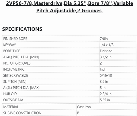2VP56-7/8 ,Masterdrive ,Dia 5.35'' ,Bore 7/8'' ,Variable Pitch Adjustable ,2 Grooves734690193246 - PULLEY - E-Motor Nations - electric motors - [product_tags]- motor electric - moteur électrique - moteurs - drive - replacement - venmar - hvac - méchoui - capacitor - condensateur - fan