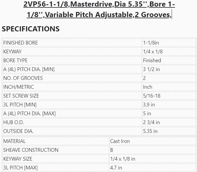 2VP56-1-1/8 ,Masterdrive ,Dia 5.35'' ,Bore 1-1/8'' ,Variable Pitch Adjustable ,2 Grooves - PULLEY - E-Motor Nations - electric motors - [product_tags]- motor electric - moteur électrique - moteurs - drive - replacement - venmar - hvac - méchoui - capacitor - condensateur - fan