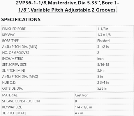 2VP56-1-1/8 ,Masterdrive ,Dia 5.35'' ,Bore 1-1/8'' ,Variable Pitch Adjustable ,2 Grooves - PULLEY - E-Motor Nations - electric motors - [product_tags]- motor electric - moteur électrique - moteurs - drive - replacement - venmar - hvac - méchoui - capacitor - condensateur - fan