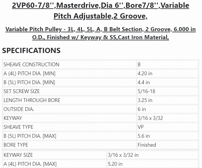 2VP60-7/8'', Masterdrive ,Dia 6'' ,Bore 7/8'' ,Variable Pitch Adjustable ,2 Grooves - PULLEY - E-Motor Nations - electric motors - [product_tags]- motor electric - moteur électrique - moteurs - drive - replacement - venmar - hvac - méchoui - capacitor - condensateur - fan