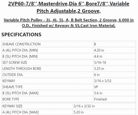 2VP60-7/8'', Masterdrive ,Dia 6'' ,Bore 7/8'' ,Variable Pitch Adjustable ,2 Grooves - PULLEY - E-Motor Nations - electric motors - [product_tags]- motor electric - moteur électrique - moteurs - drive - replacement - venmar - hvac - méchoui - capacitor - condensateur - fan