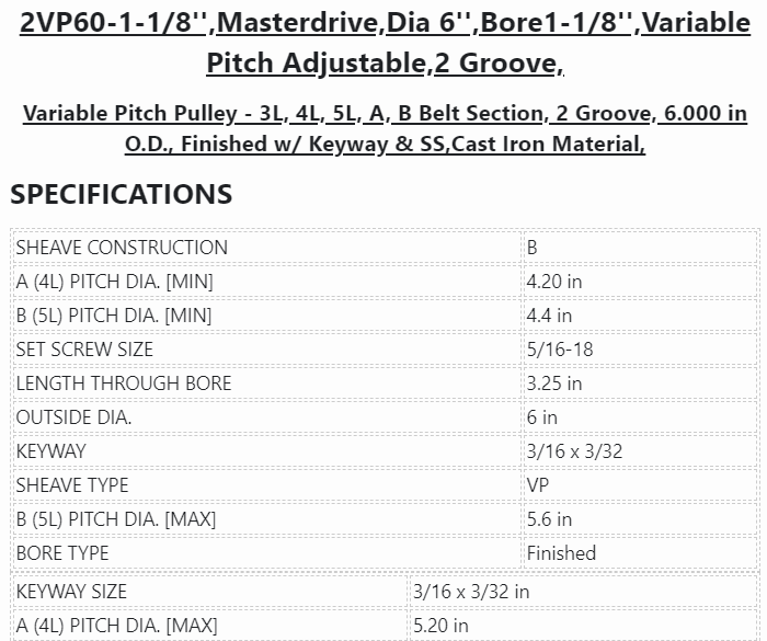 2VP60-1-1/8'' ,Masterdrive ,Dia 6'' ,Bore 1-1/8'' ,Variable Pitch Adjustable ,2 Grooves - PULLEY - E-Motor Nations - electric motors - [product_tags]- motor electric - moteur électrique - moteurs - drive - replacement - venmar - hvac - méchoui - capacitor - condensateur - fan
