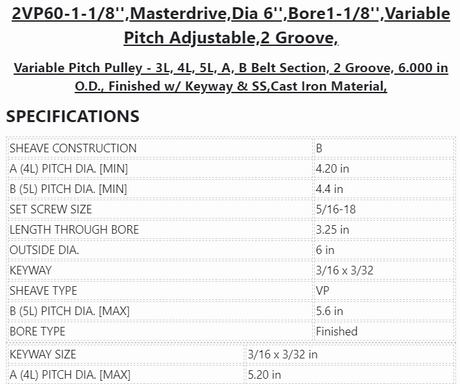 2VP60-1-1/8'' ,Masterdrive ,Dia 6'' ,Bore 1-1/8'' ,Variable Pitch Adjustable ,2 Grooves - PULLEY - E-Motor Nations - electric motors - [product_tags]- motor electric - moteur électrique - moteurs - drive - replacement - venmar - hvac - méchoui - capacitor - condensateur - fan