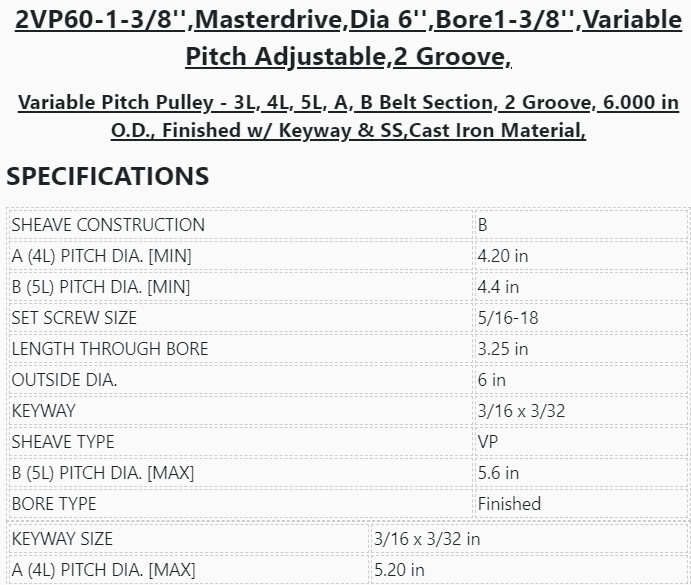 2VP60-1-3/8'' ,Masterdrive ,Dia 6'' ,Bore 1-3/8'' ,Variable Pitch Adjustable, 2 Grooves - PULLEY - E-Motor Nations - electric motors - [product_tags]- motor electric - moteur électrique - moteurs - drive - replacement - venmar - hvac - méchoui - capacitor - condensateur - fan