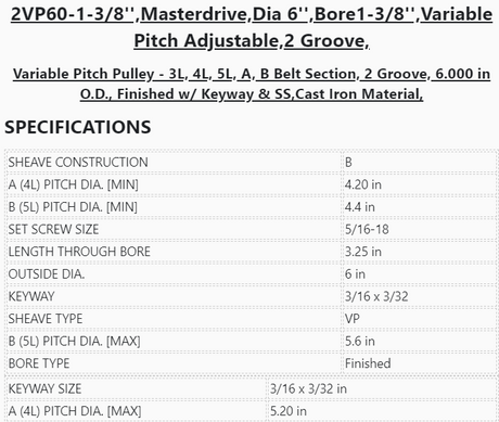 2VP60-1-3/8'' ,Masterdrive ,Dia 6'' ,Bore 1-3/8'' ,Variable Pitch Adjustable, 2 Grooves - PULLEY - E-Motor Nations - electric motors - [product_tags]- motor electric - moteur électrique - moteurs - drive - replacement - venmar - hvac - méchoui - capacitor - condensateur - fan