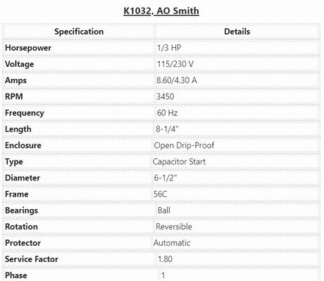 K1032, AO Smith, 1/3Hp, 3450 Rpm, 115/230 Volts,Frame: 56C, ODP, - PUMP MOTOR - E-Motor Nations - electric motors - [product_tags]- motor electric - moteur électrique - moteurs - drive - replacement - venmar - hvac - méchoui - capacitor - condensateur - fan