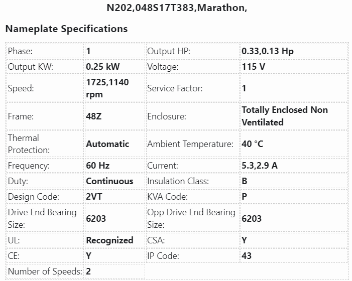 N202, 048S17T383, Marathon, 1/3-1/6Hp,1725/1140 Rpm,115V, Tenv, Frame:48Z, - HVAC ELECTRIC MOTOR - E-Motor Nations - electric motors - [product_tags]- motor electric - moteur électrique - moteurs - drive - replacement - venmar - hvac - méchoui - capacitor - condensateur - fan