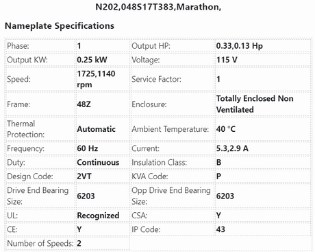 N202, 048S17T383, Marathon, 1/3-1/6Hp,1725/1140 Rpm,115V, Tenv, Frame:48Z, - HVAC ELECTRIC MOTOR - E-Motor Nations - electric motors - [product_tags]- motor electric - moteur électrique - moteurs - drive - replacement - venmar - hvac - méchoui - capacitor - condensateur - fan