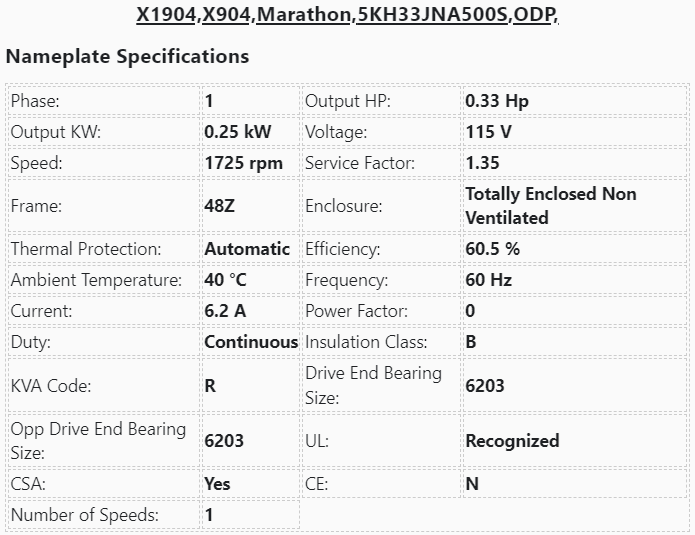 X1904, X904, Marathon, 1/3Hp, 1725 Rpm, 115V, Frame:48Z, 5KH33JNA500S, ODP, - DIRECT DRIVE MOTOR - E-Motor Nations - electric motors - [product_tags]- motor electric - moteur électrique - moteurs - drive - replacement - venmar - hvac - méchoui - capacitor - condensateur - fan