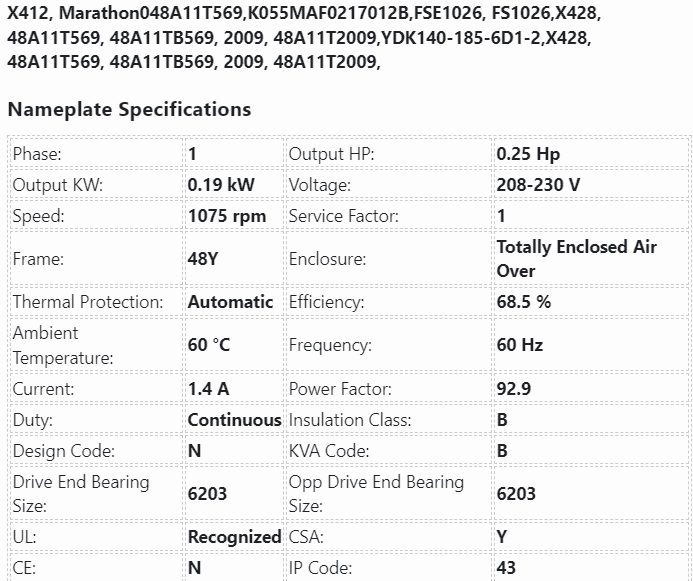 X412, Marathon, 1/4Hp, 1075Rpm, 208/230V, 048A11T569, K055MAF0217012B - HVAC ELECTRIC MOTOR - E-Motor Nations - electric motors - [product_tags]- motor electric - moteur électrique - moteurs - drive - replacement - venmar - hvac - méchoui - capacitor - condensateur - fan