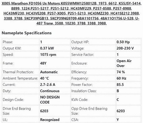 X005, Marathon, 1/2Hp, 1075 Rpm, 208-230V, Fr:48, FD1056, K055WMM1258012B - HVAC ELECTRIC MOTOR - E-Motor Nations - electric motors - [product_tags]- motor electric - moteur électrique - moteurs - drive - replacement - venmar - hvac - méchoui - capacitor - condensateur - fan