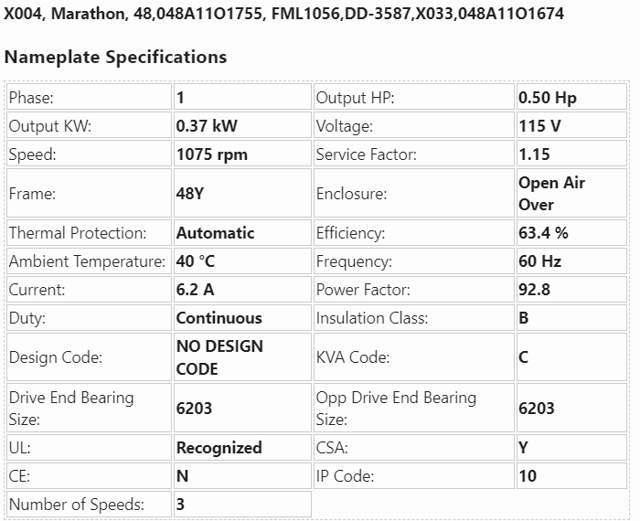 X004, Marathon, 1/2Hp, 1075/3Spd, 115V, Fr:48, 048A11O1755, FML1056, X033, 048A11O1674 - DIRECT DRIVE MOTOR - E-Motor Nations - electric motors - [product_tags]- motor electric - moteur électrique - moteurs - drive - replacement - venmar - hvac - méchoui - capacitor - condensateur - fan