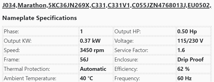 J034,Marathon,1/2Hp,3450Rpm,115/230V,Fr:56J,ODP,5KC36JN269X,C331, - JET PUMP - E-Motor Nations - electric motors - [product_tags]- motor electric - moteur électrique - moteurs - drive - replacement - venmar - hvac - méchoui - capacitor - condensateur - fan