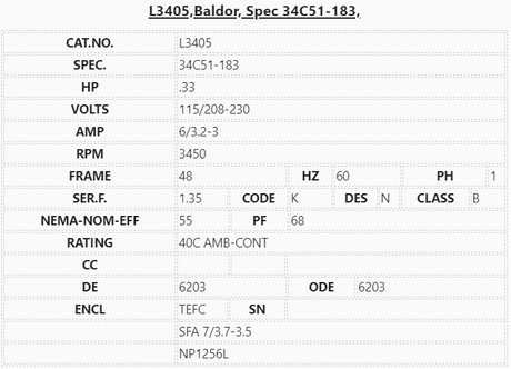 L3405, Baldor, 1/3Hp, 3450 Rpm, 115/230 Volts, Fr:48, TEFC, 34C51-183, 1Ph, - FARM DUTY - E-Motor Nations - electric motors - [product_tags]- motor electric - moteur électrique - moteurs - drive - replacement - venmar - hvac - méchoui - capacitor - condensateur - fan