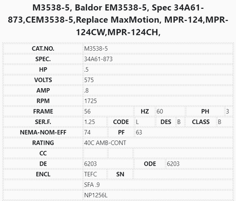 M3538-5, Baldor, 1/2Hp, 1725 Rpm, 575Volts, Fr:56, 34A61-873, EM3538-5,TEFC, - GÉNÉRAL PURPOSE 3 PHASES - E-Motor Nations - electric motors - [product_tags]- motor electric - moteur électrique - moteurs - drive - replacement - venmar - hvac - méchoui - capacitor - condensateur - fan