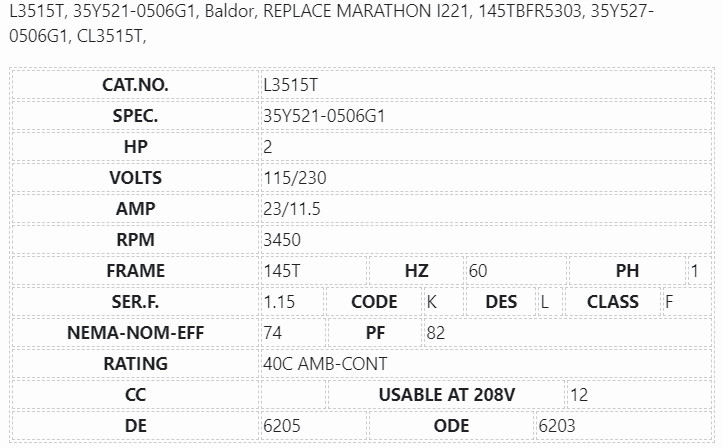 L3515T, Baldor, 2 Hp, 3450 Rpm, 115/230V, 145T, 35Y521-0506G1, I221, 145TBFR5303, MARATHON - SINGLE PHASE MOTORS - BALDOR - electric motors - [product_tags]- motor electric - moteur électrique - moteurs - drive - replacement - venmar - hvac - méchoui - capacitor - condensateur - fan