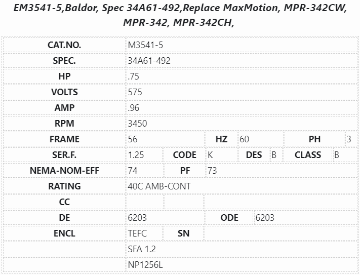 EM3541-5, Baldor, 3/4Hp, 3490 Rpm, 575V, Spec 34A61-492, FR:56, TEFC, 3Ph, - GÉNÉRAL PURPOSE 3 PHASES - E-Motor Nations - electric motors - [product_tags]- motor electric - moteur électrique - moteurs - drive - replacement - venmar - hvac - méchoui - capacitor - condensateur - fan