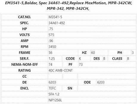 EM3541-5, Baldor, 3/4Hp, 3490 Rpm, 575V, Spec 34A61-492, FR:56, TEFC, 3Ph, - GÉNÉRAL PURPOSE 3 PHASES - E-Motor Nations - electric motors - [product_tags]- motor electric - moteur électrique - moteurs - drive - replacement - venmar - hvac - méchoui - capacitor - condensateur - fan