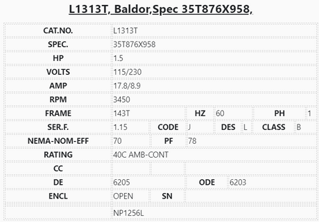 L1313T, Baldor, 1.5Hp, 3450 Rpm, 115/230V, Fr: 143T, 35T876X958, TEFC, 1Ph, - SINGLE PHASE MOTORS - E-Motor Nations - electric motors - [product_tags]- motor electric - moteur électrique - moteurs - drive - replacement - venmar - hvac - méchoui - capacitor - condensateur - fan