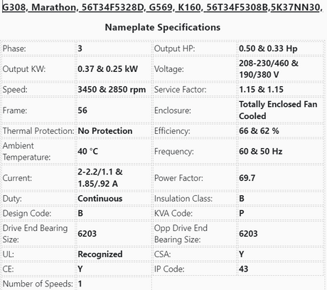 G308, Marathon, 1/2Hp, 3450 Rpm, 208-230/460V, Fr:56, 56T34F5328D,TEFC, - Electrical Motors - E-Motor Nations - electric motors - [product_tags]- motor electric - moteur électrique - moteurs - drive - replacement - venmar - hvac - méchoui - capacitor - condensateur - fan