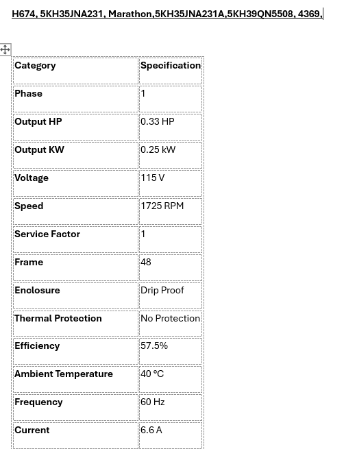 H674, Marathon, 1/3Hp, 1725 Rpm, 115 Volts, Frame: 48, 5KH35JNA231,DP, - Electrical Motors - E-Motor Nations - electric motors - [product_tags]- motor electric - moteur électrique - moteurs - drive - replacement - venmar - hvac - méchoui - capacitor - condensateur - fan
