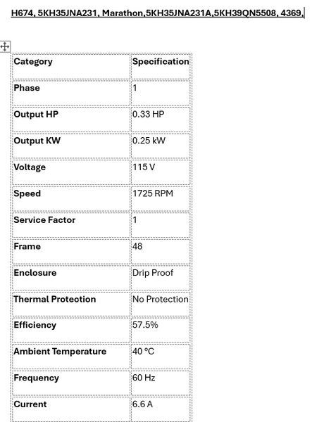 H674, Marathon, 1/3Hp, 1725 Rpm, 115 Volts, Frame: 48, 5KH35JNA231,DP, - Electrical Motors - E-Motor Nations - electric motors - [product_tags]- motor electric - moteur électrique - moteurs - drive - replacement - venmar - hvac - méchoui - capacitor - condensateur - fan