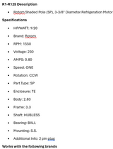 R1-R125, SS125 omnidrive, 1/20 hp, RPM 1550, Volts 230, Amps 0.80, Rotom Shaded Pole (SP), 3-3/8" Diameter Refrigeration Motor - HVAC ELECTRIC MOTOR - ROTOM - electric motors - [product_tags]- motor electric - moteur électrique - moteurs - drive - replacement - venmar - hvac - méchoui - capacitor - condensateur - fan